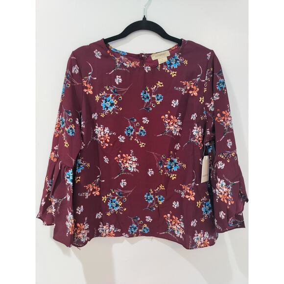 Passport Tops - Passport Women’s XL Burgundy Floral Blouse Long Sleeve Ruffle Cuff Top